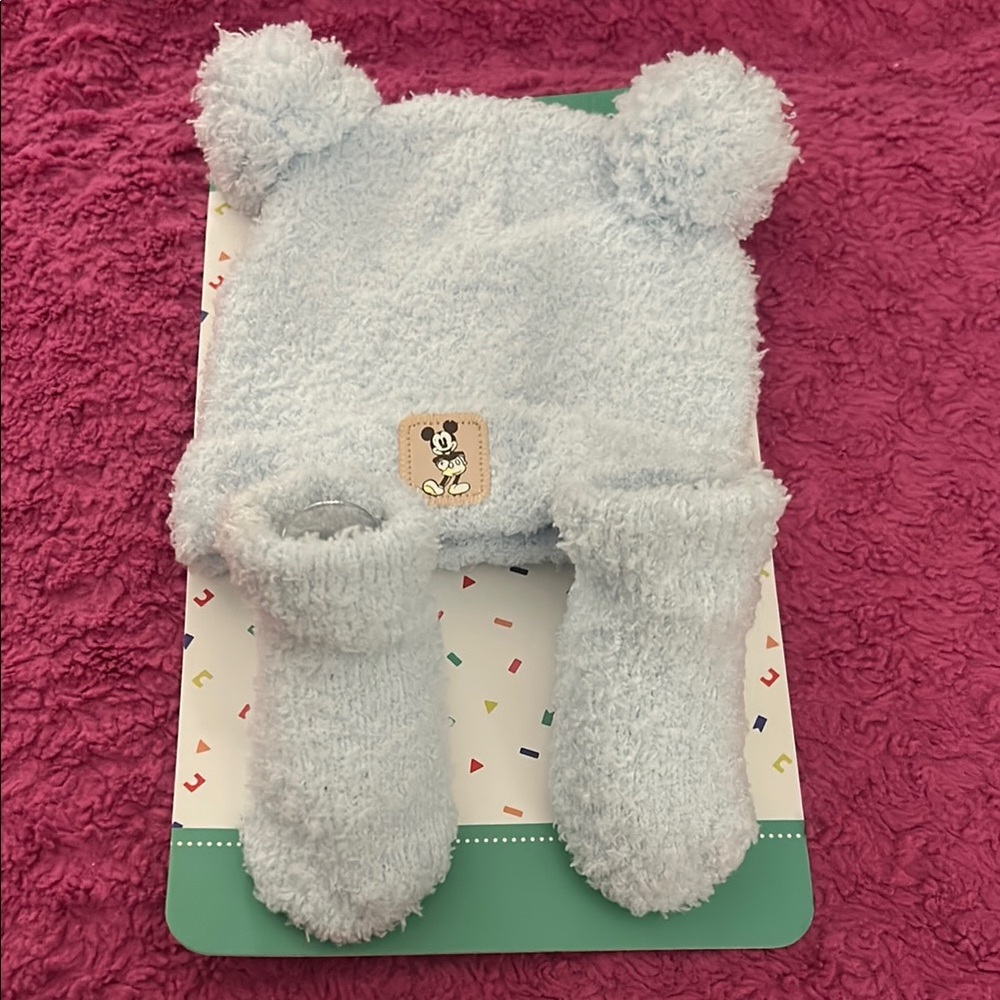 Disney Baby Mickey Mouse Blue Fuzzy Hat and Sock Set